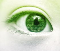 Ilustracija: Zeleno oko sa šarenicom ispunjenom nizovima nula i jedinica