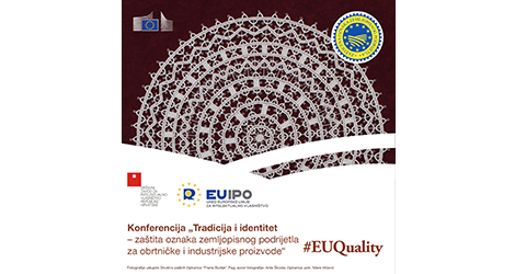 Vizual za konferenciju - paška čipka na crvenoj podlozi, naslov konferencije, logo DZIV-a, EK i EUIPO-a