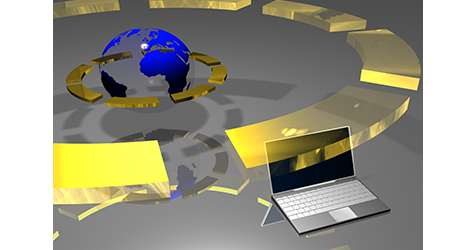 Ilustracija : Globus okružen narančastim prstenovima i prijenosno računalo